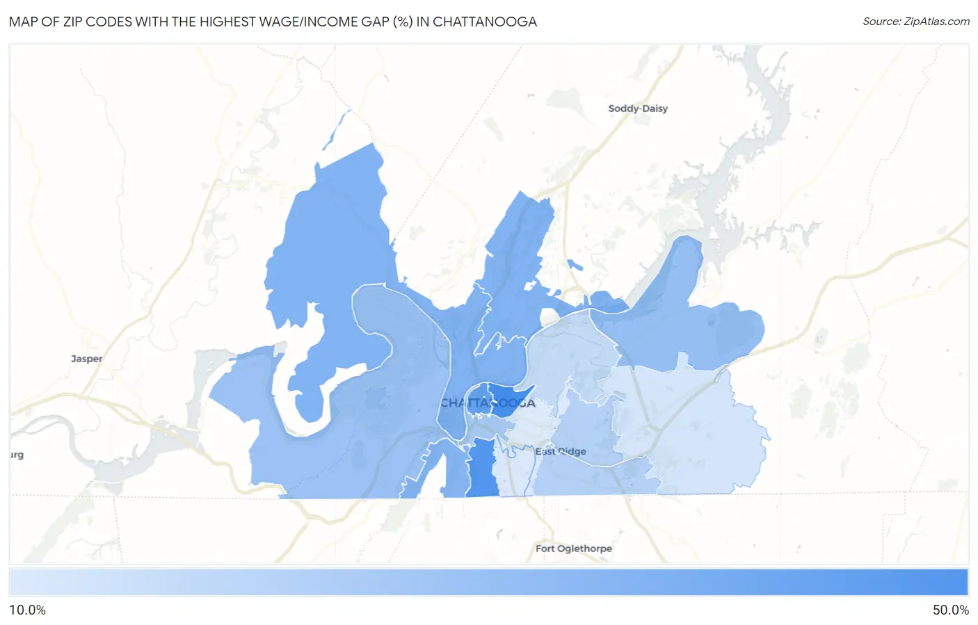 Zip Codes with the Highest Wage/Income Gap (%) in Chattanooga Map