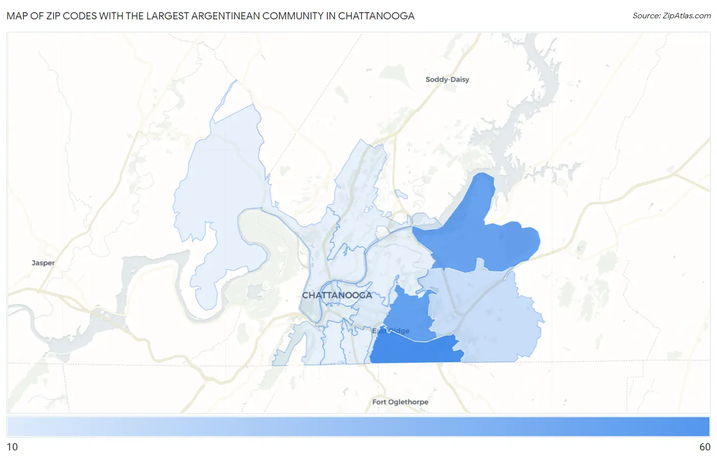 Zip Codes with the Largest Argentinean Community in Chattanooga Map