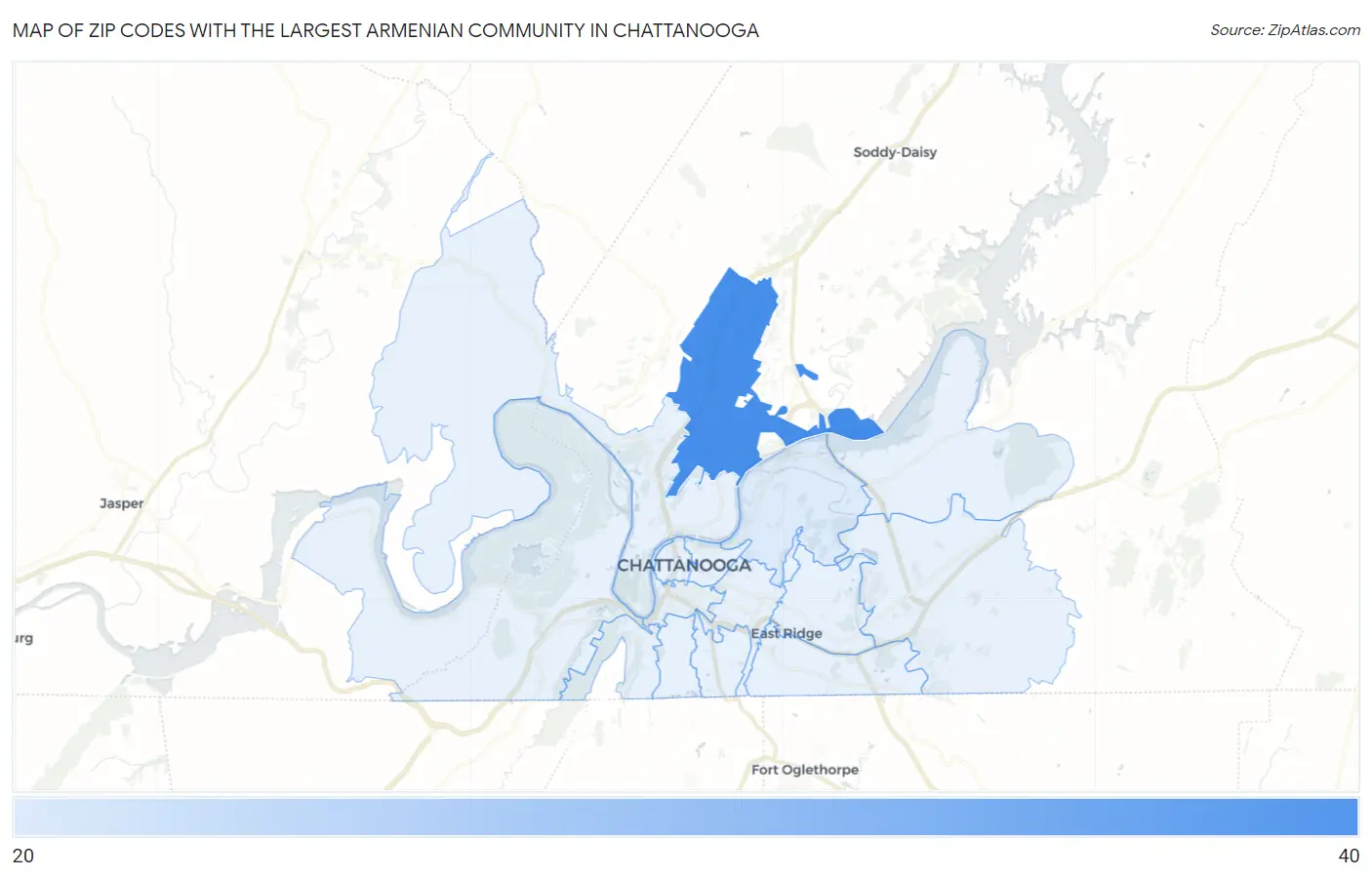 Zip Codes with the Largest Armenian Community in Chattanooga Map