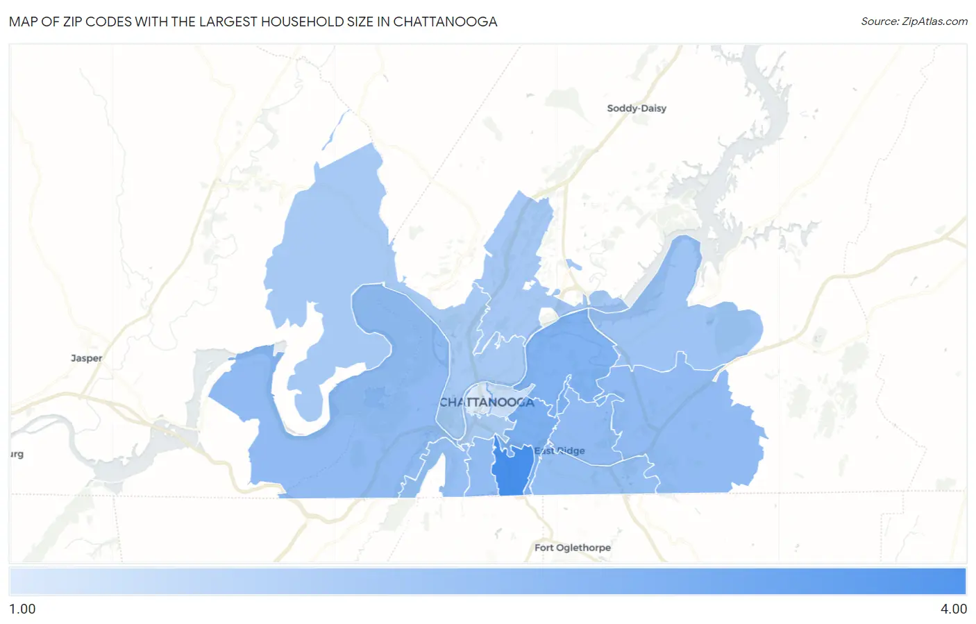 Zip Codes with the Largest Household Size in Chattanooga Map
