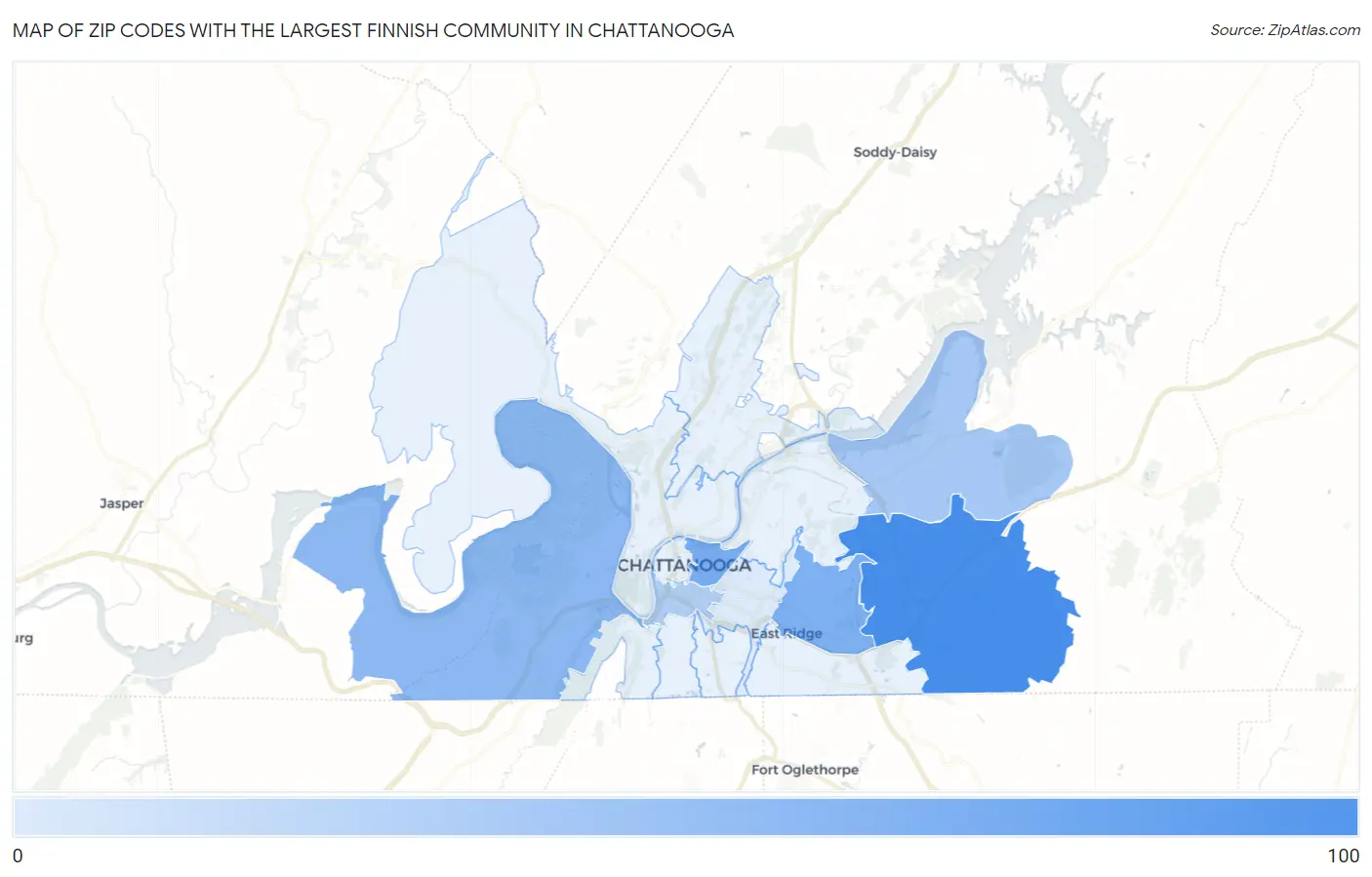 Zip Codes with the Largest Finnish Community in Chattanooga Map
