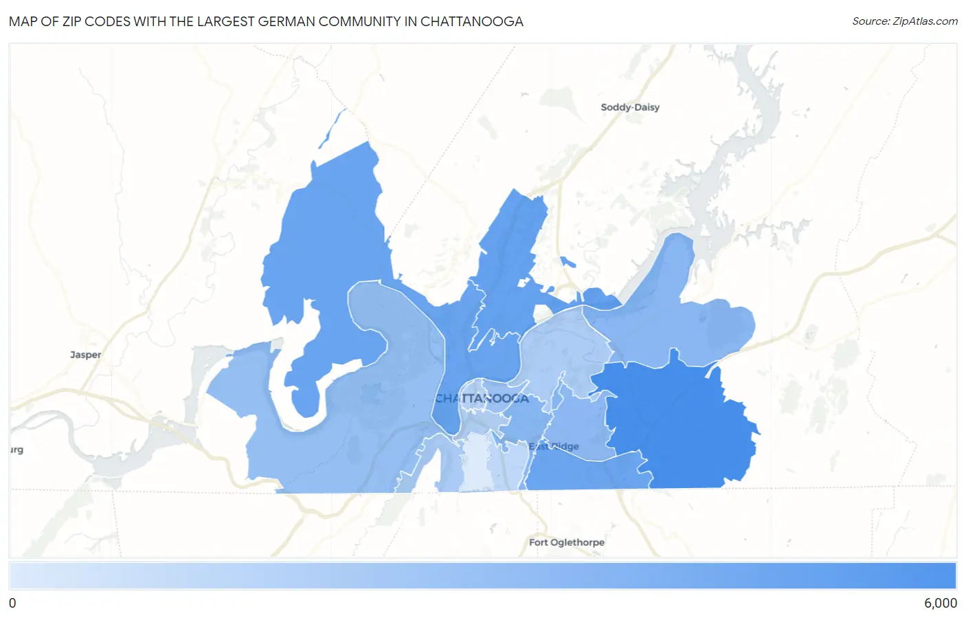 Zip Codes with the Largest German Community in Chattanooga Map