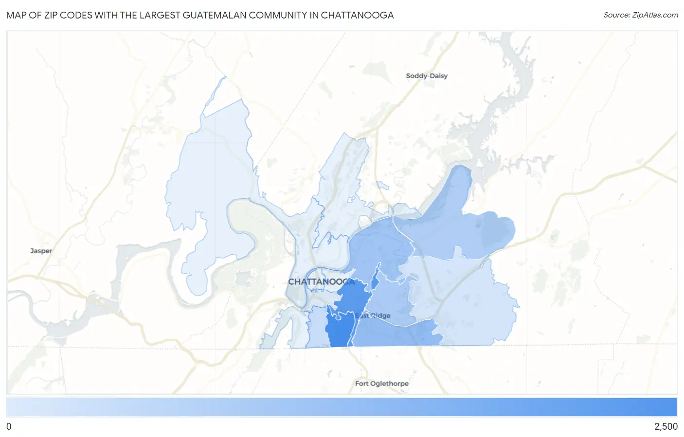 Zip Codes with the Largest Guatemalan Community in Chattanooga Map