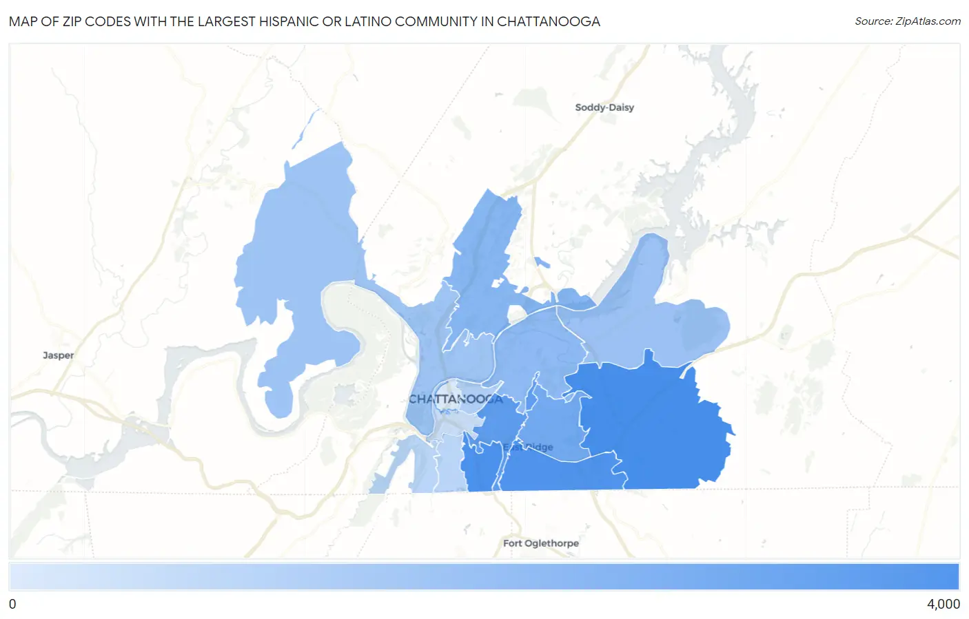 Zip Codes with the Largest Hispanic or Latino Community in Chattanooga Map