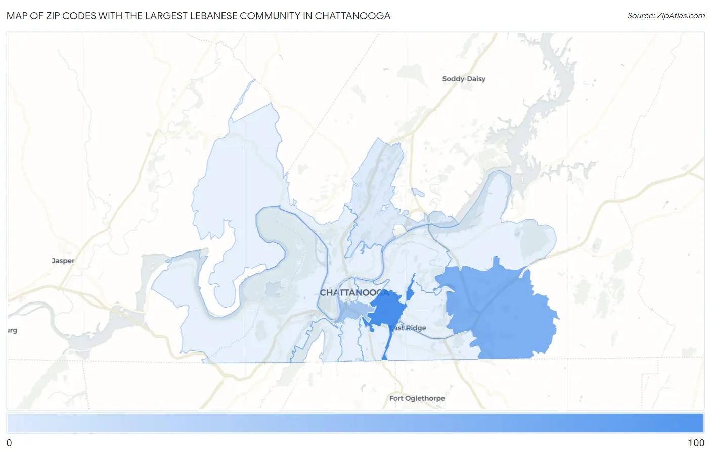 Zip Codes with the Largest Lebanese Community in Chattanooga Map