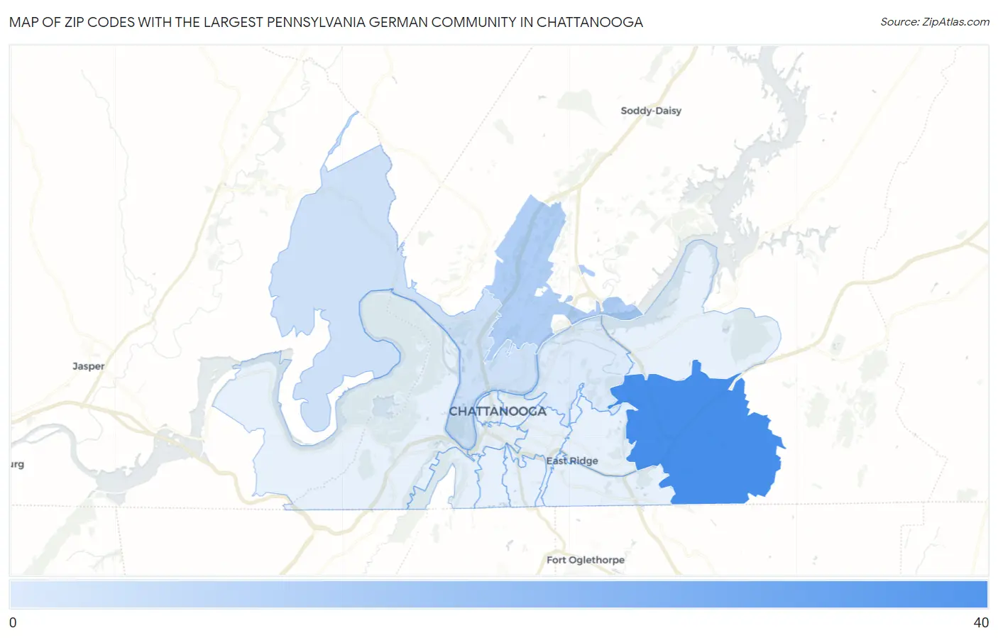 Zip Codes with the Largest Pennsylvania German Community in Chattanooga Map