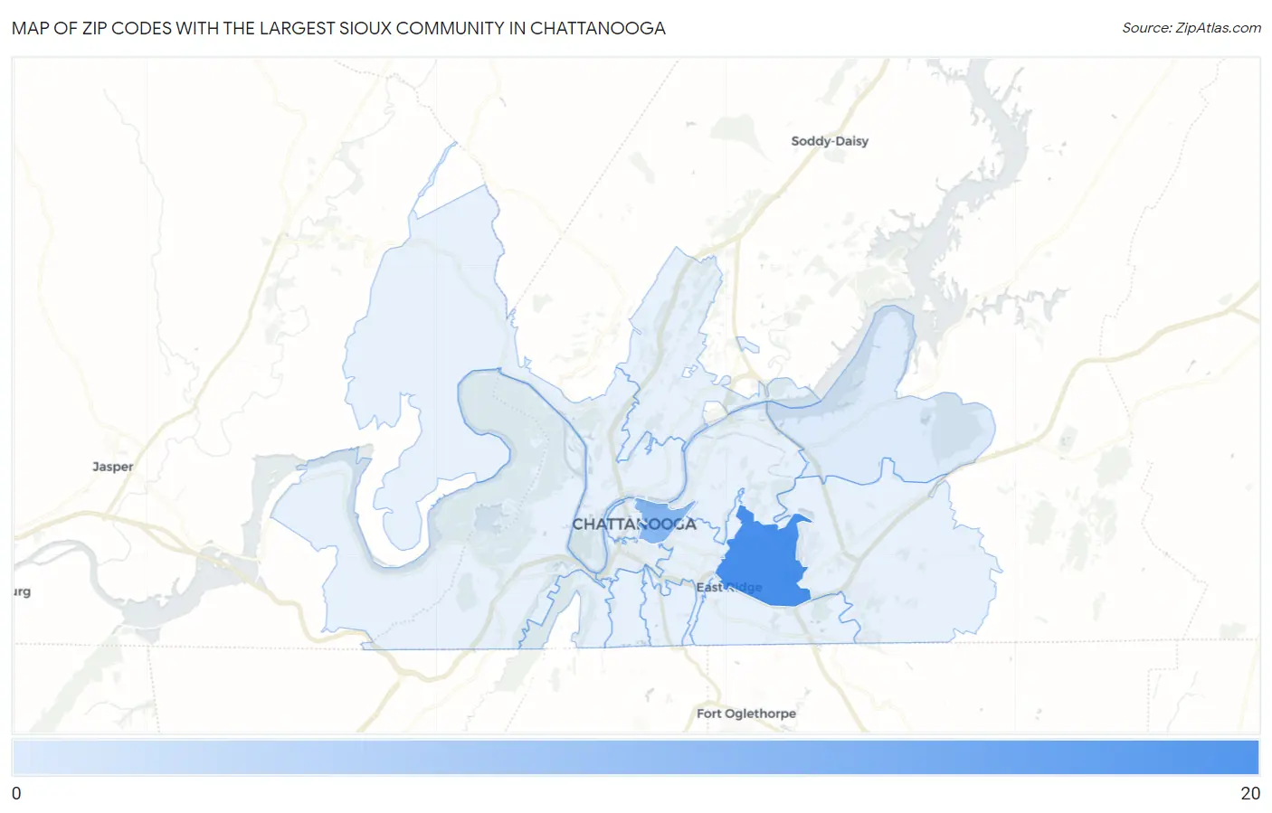 Zip Codes with the Largest Sioux Community in Chattanooga Map
