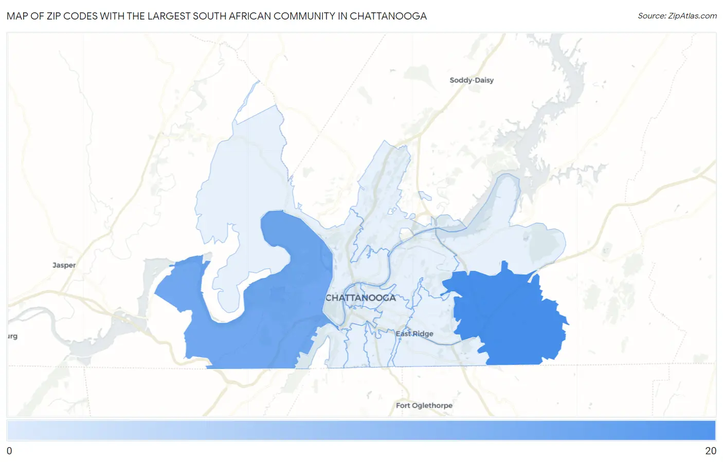 Zip Codes with the Largest South African Community in Chattanooga Map