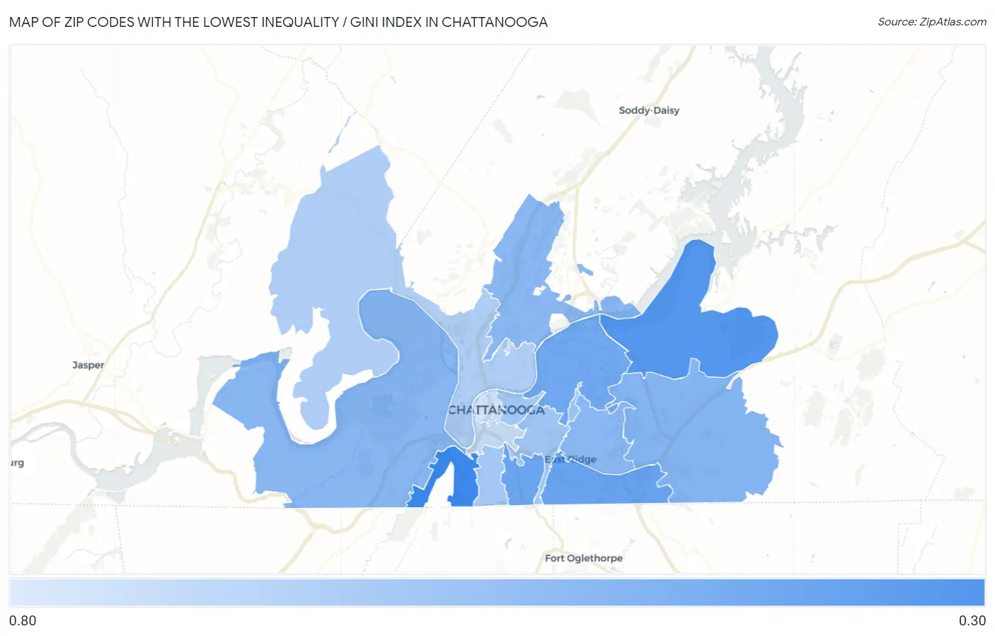 Zip Codes with the Lowest Inequality / Gini Index in Chattanooga Map