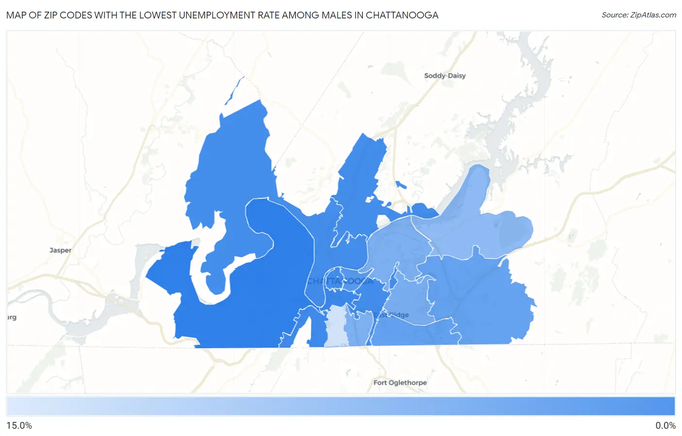 Zip Codes with the Lowest Unemployment Rate Among Males in Chattanooga Map