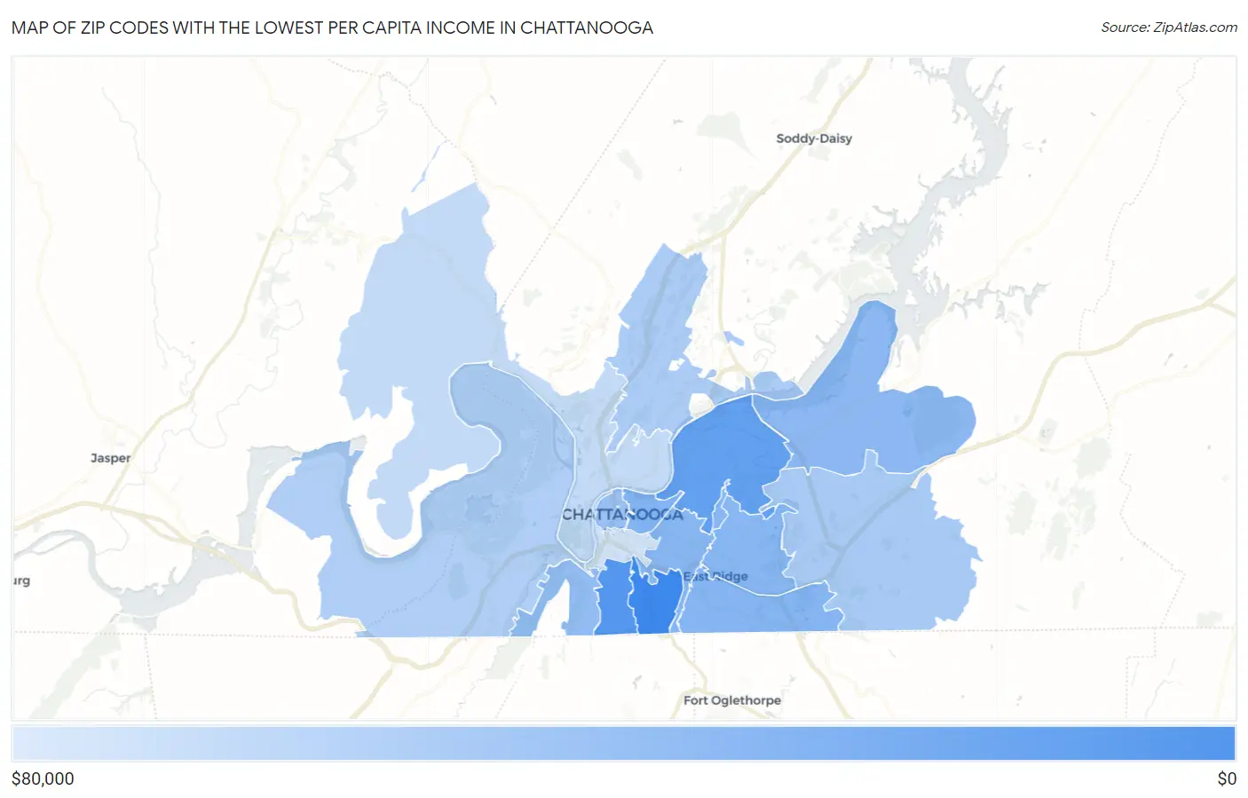 Zip Codes with the Lowest Per Capita Income in Chattanooga Map