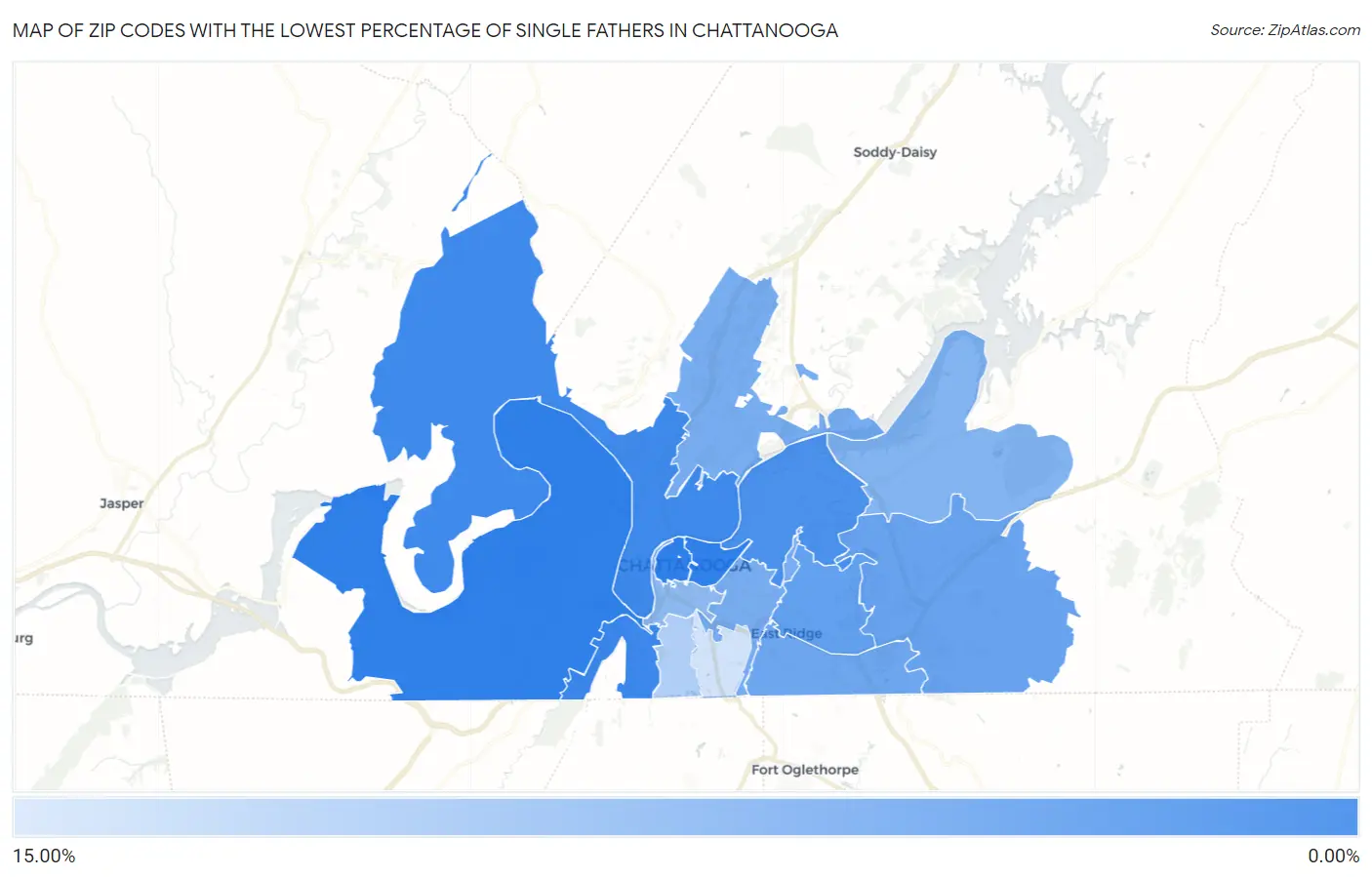 Zip Codes with the Lowest Percentage of Single Fathers in Chattanooga Map