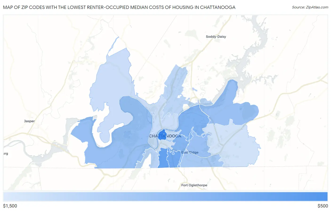 Zip Codes with the Lowest Renter-Occupied Median Costs of Housing in Chattanooga Map