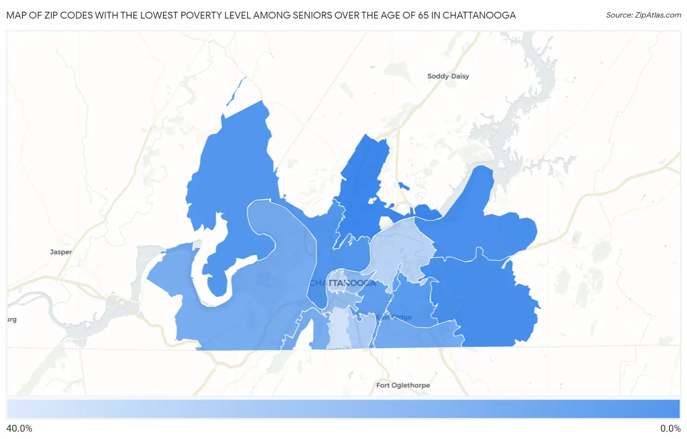 Zip Codes with the Lowest Poverty Level Among Seniors Over the Age of 65 in Chattanooga Map