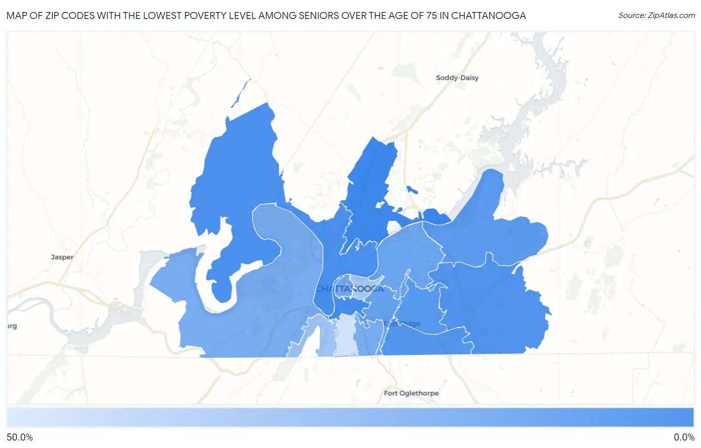 Zip Codes with the Lowest Poverty Level Among Seniors Over the Age of 75 in Chattanooga Map