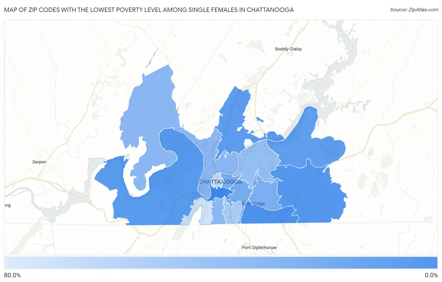 Zip Codes with the Lowest Poverty Level Among Single Females in Chattanooga Map