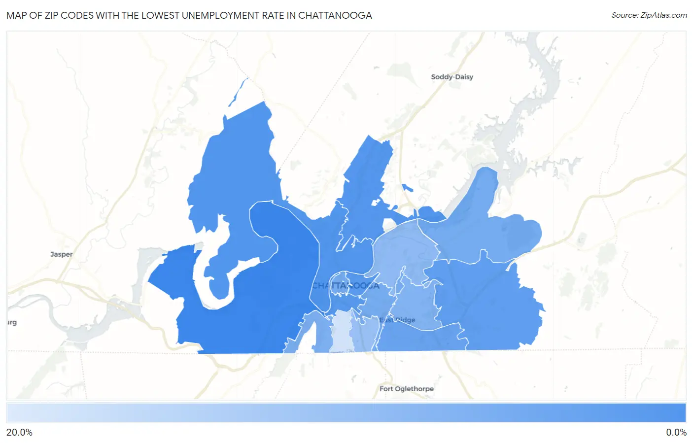 Zip Codes with the Lowest Unemployment Rate in Chattanooga Map