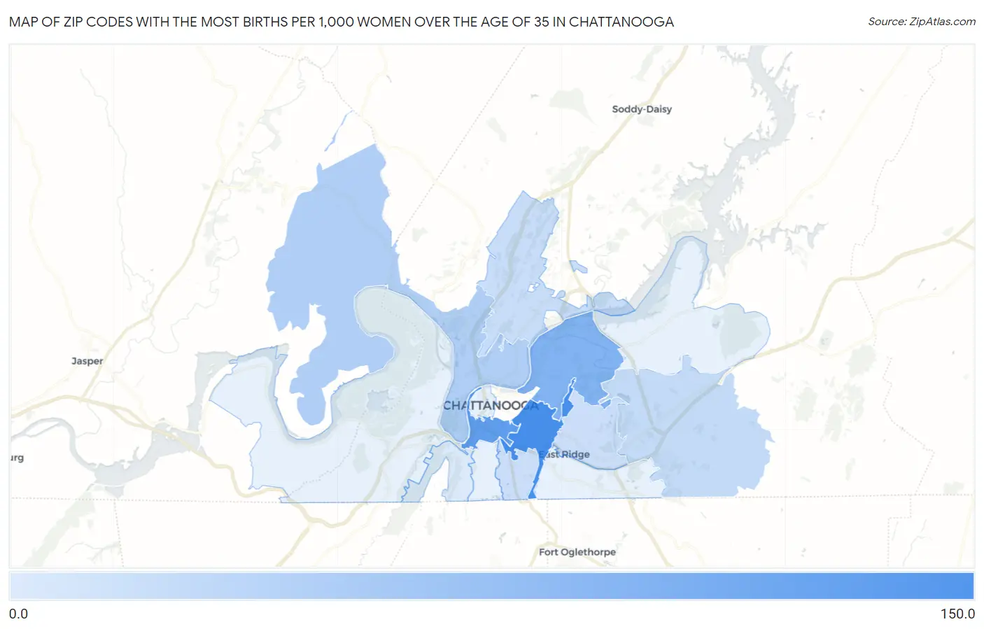 Zip Codes with the Most Births per 1,000 Women Over the Age of 35 in Chattanooga Map