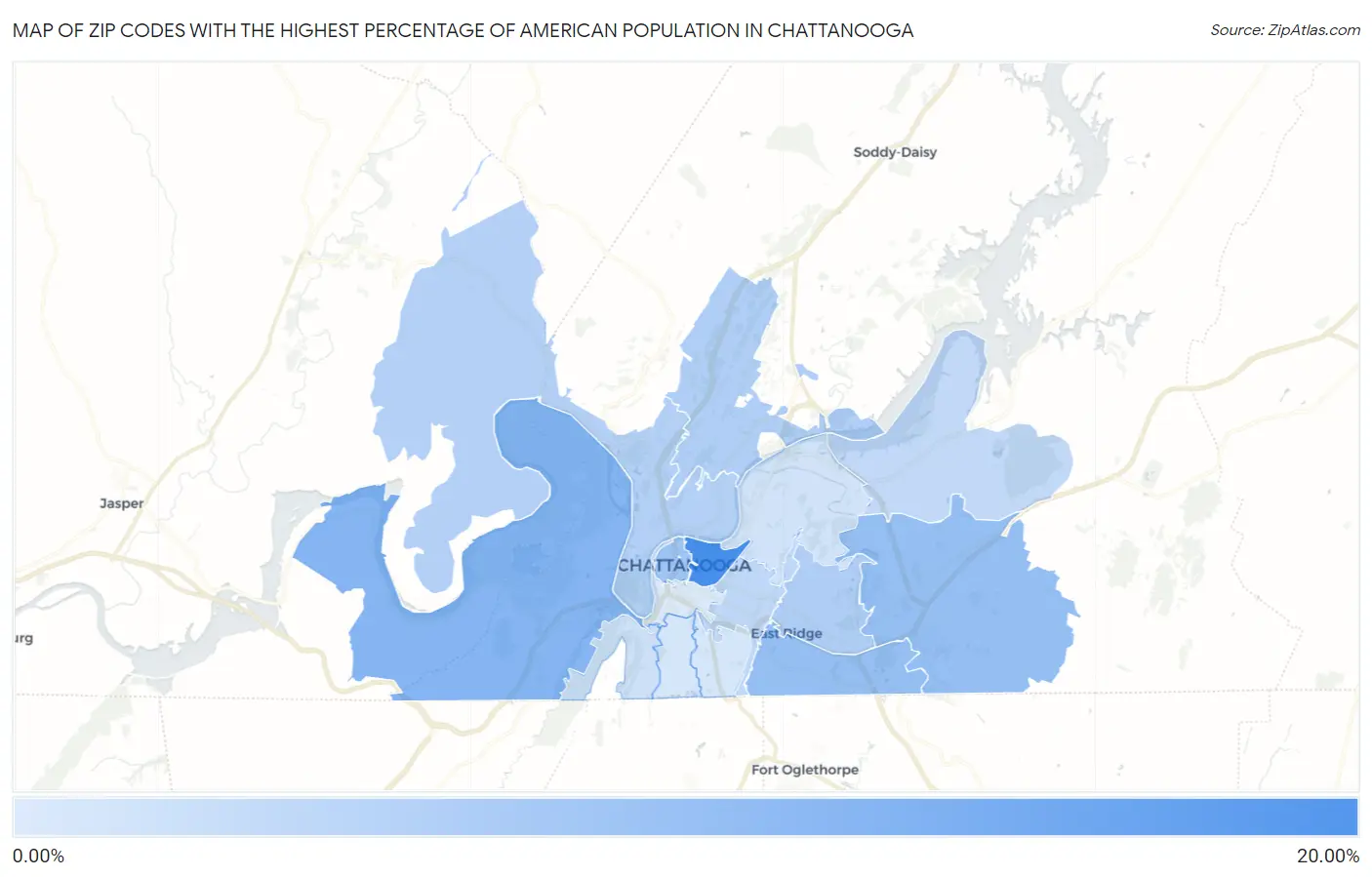 Zip Codes with the Highest Percentage of American Population in Chattanooga Map