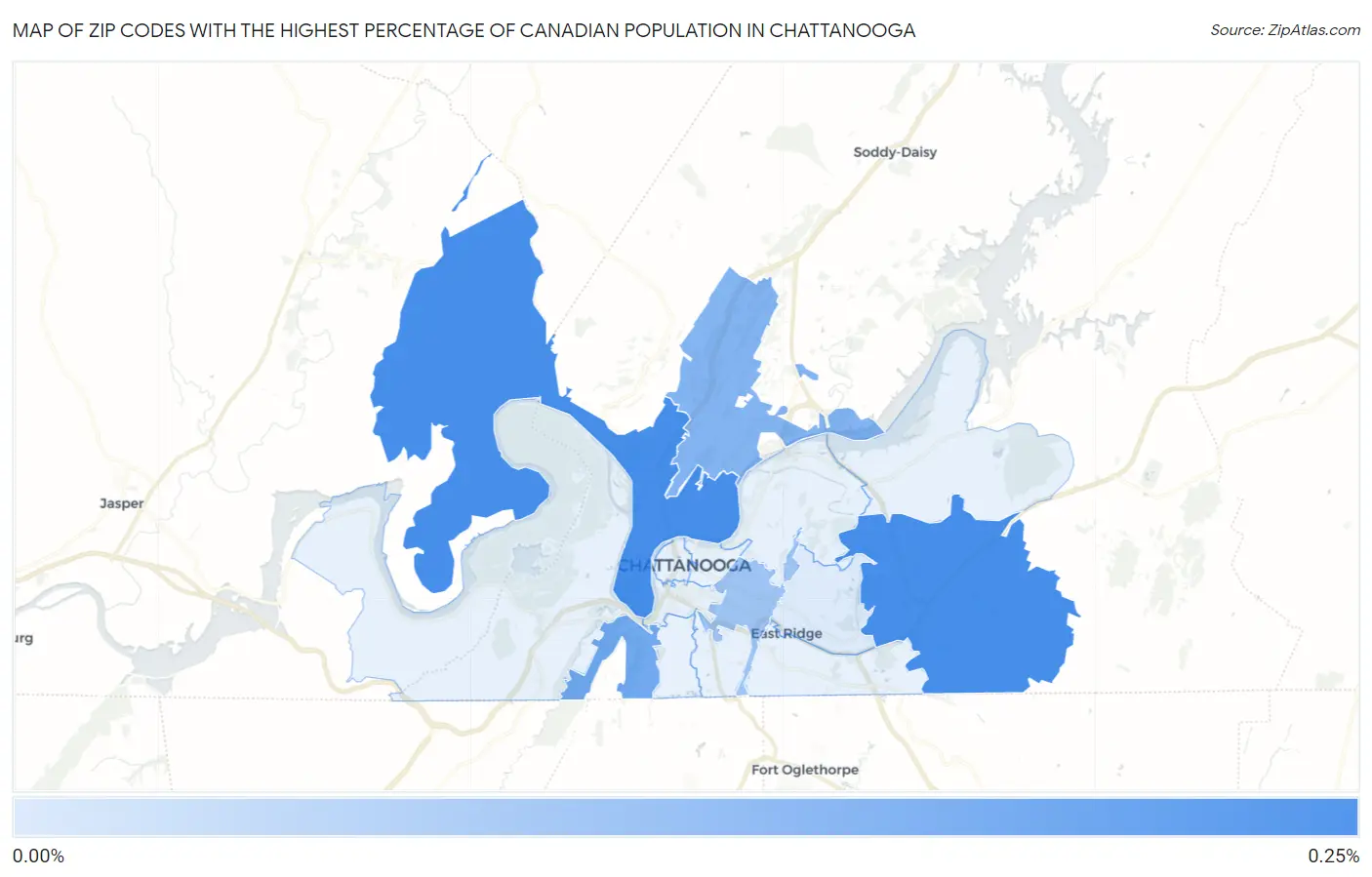Zip Codes with the Highest Percentage of Canadian Population in Chattanooga Map