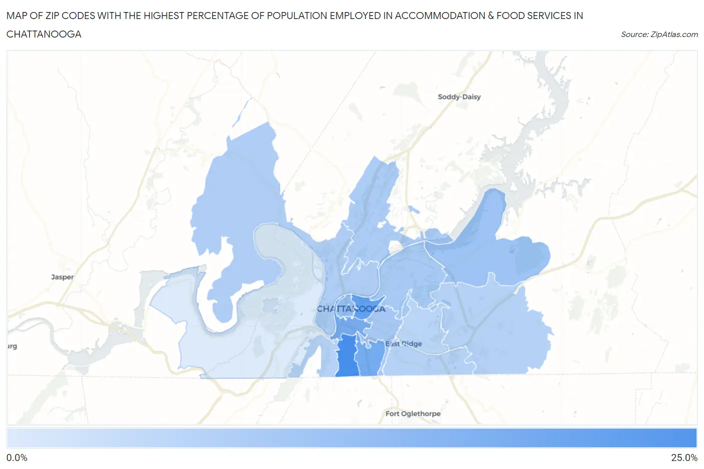 Zip Codes with the Highest Percentage of Population Employed in Accommodation & Food Services in Chattanooga Map