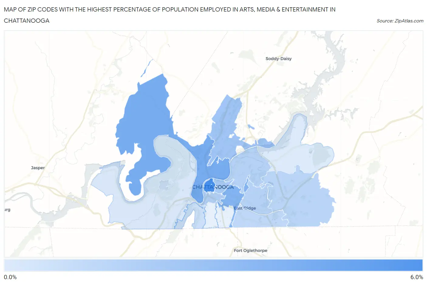 Zip Codes with the Highest Percentage of Population Employed in Arts, Media & Entertainment in Chattanooga Map