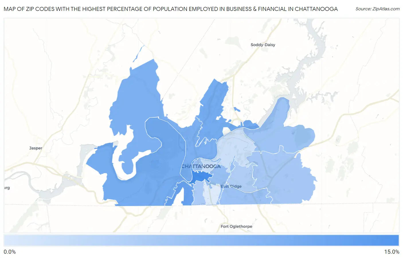 Zip Codes with the Highest Percentage of Population Employed in Business & Financial in Chattanooga Map