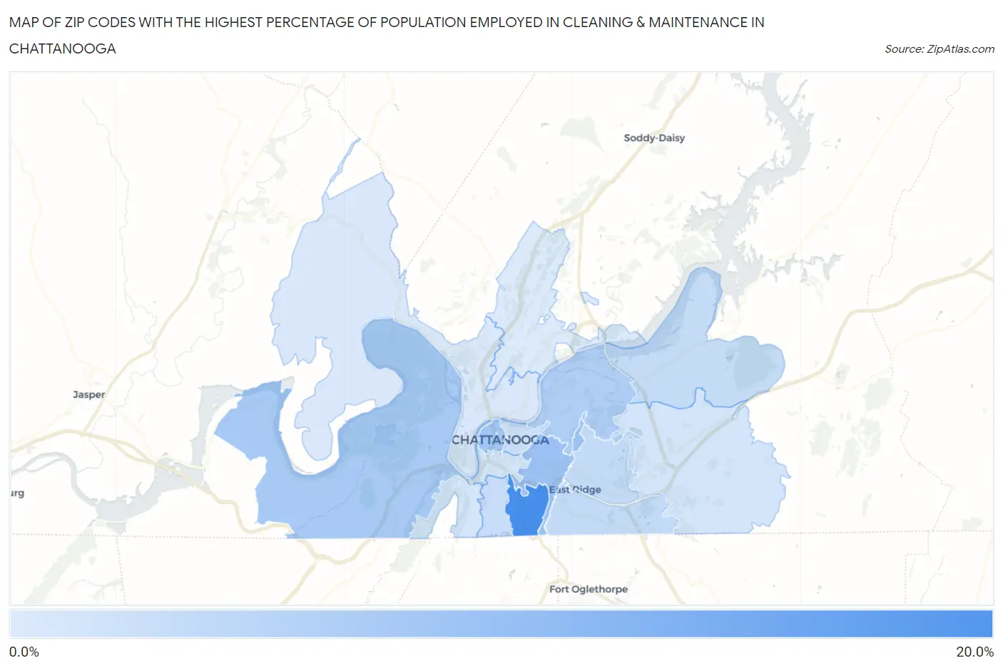Zip Codes with the Highest Percentage of Population Employed in Cleaning & Maintenance in Chattanooga Map