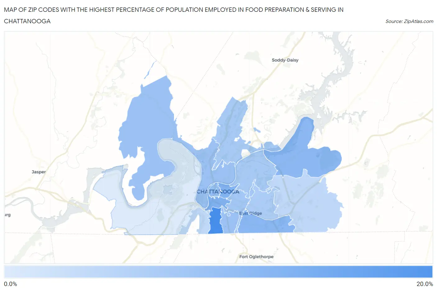 Zip Codes with the Highest Percentage of Population Employed in Food Preparation & Serving in Chattanooga Map