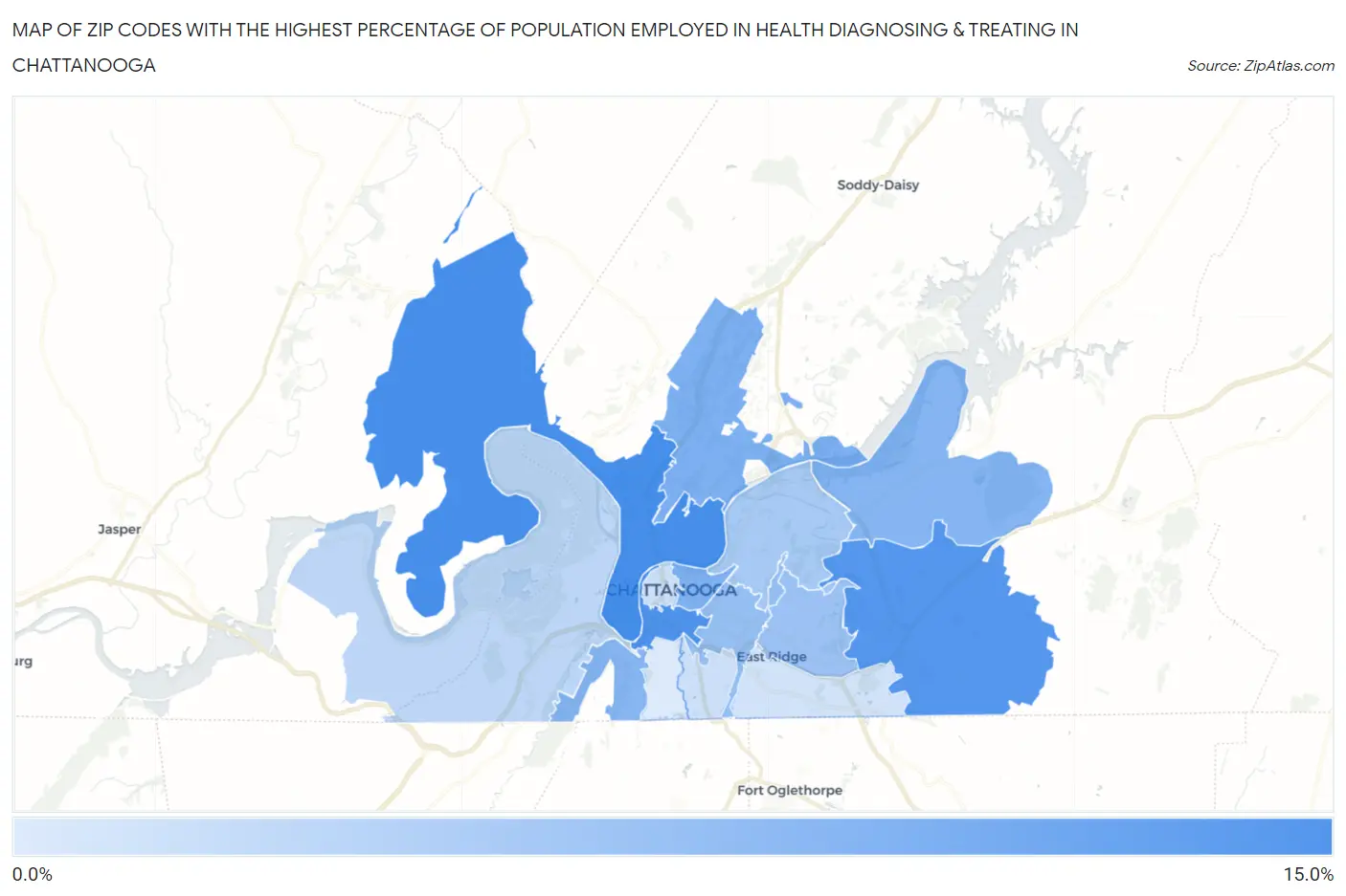 Zip Codes with the Highest Percentage of Population Employed in Health Diagnosing & Treating in Chattanooga Map