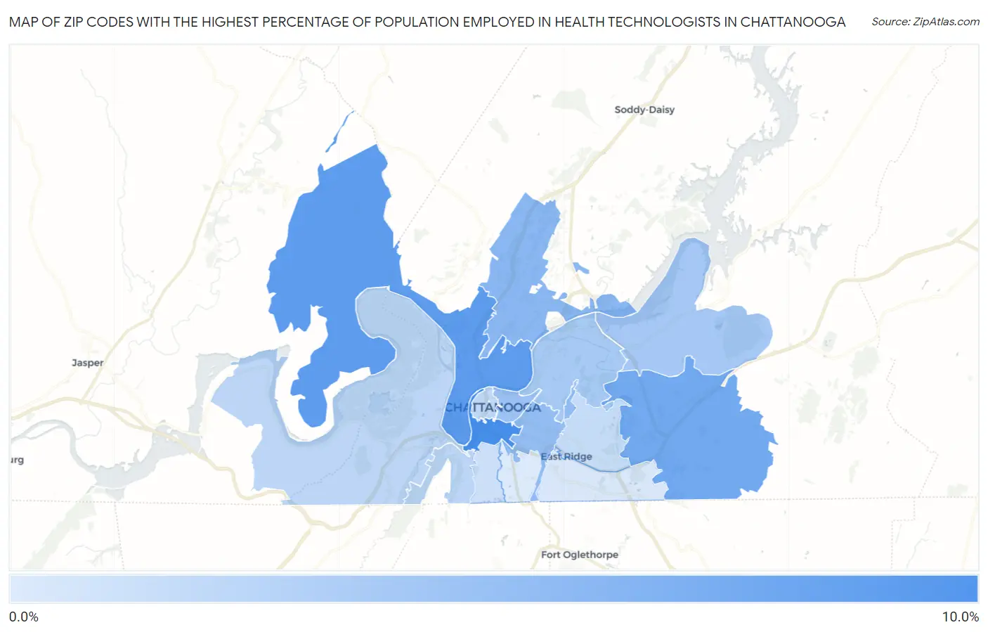Zip Codes with the Highest Percentage of Population Employed in Health Technologists in Chattanooga Map