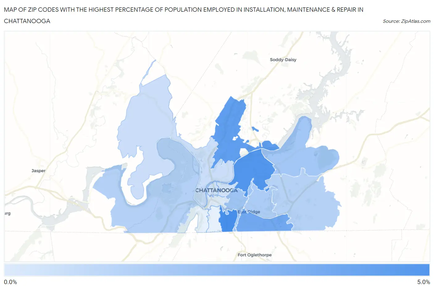 Zip Codes with the Highest Percentage of Population Employed in Installation, Maintenance & Repair in Chattanooga Map