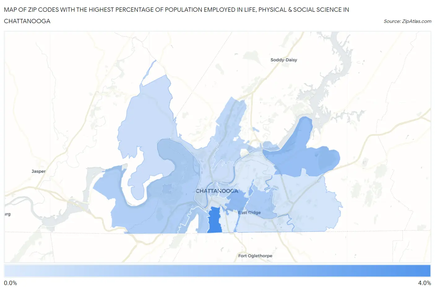 Zip Codes with the Highest Percentage of Population Employed in Life, Physical & Social Science in Chattanooga Map