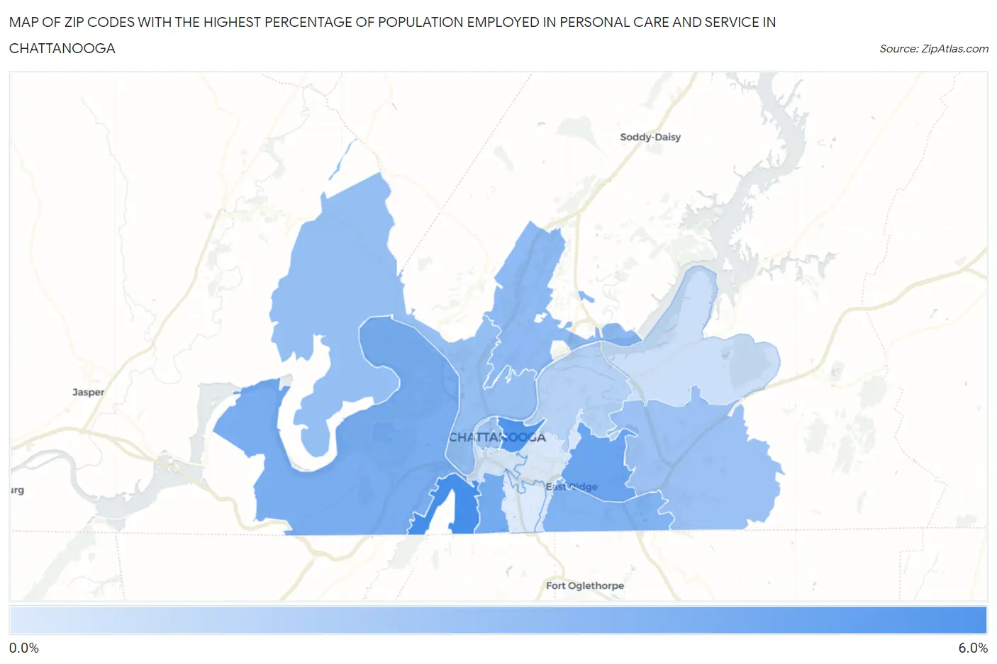 Zip Codes with the Highest Percentage of Population Employed in Personal Care and Service in Chattanooga Map