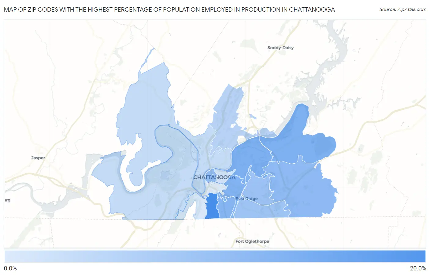 Zip Codes with the Highest Percentage of Population Employed in Production in Chattanooga Map