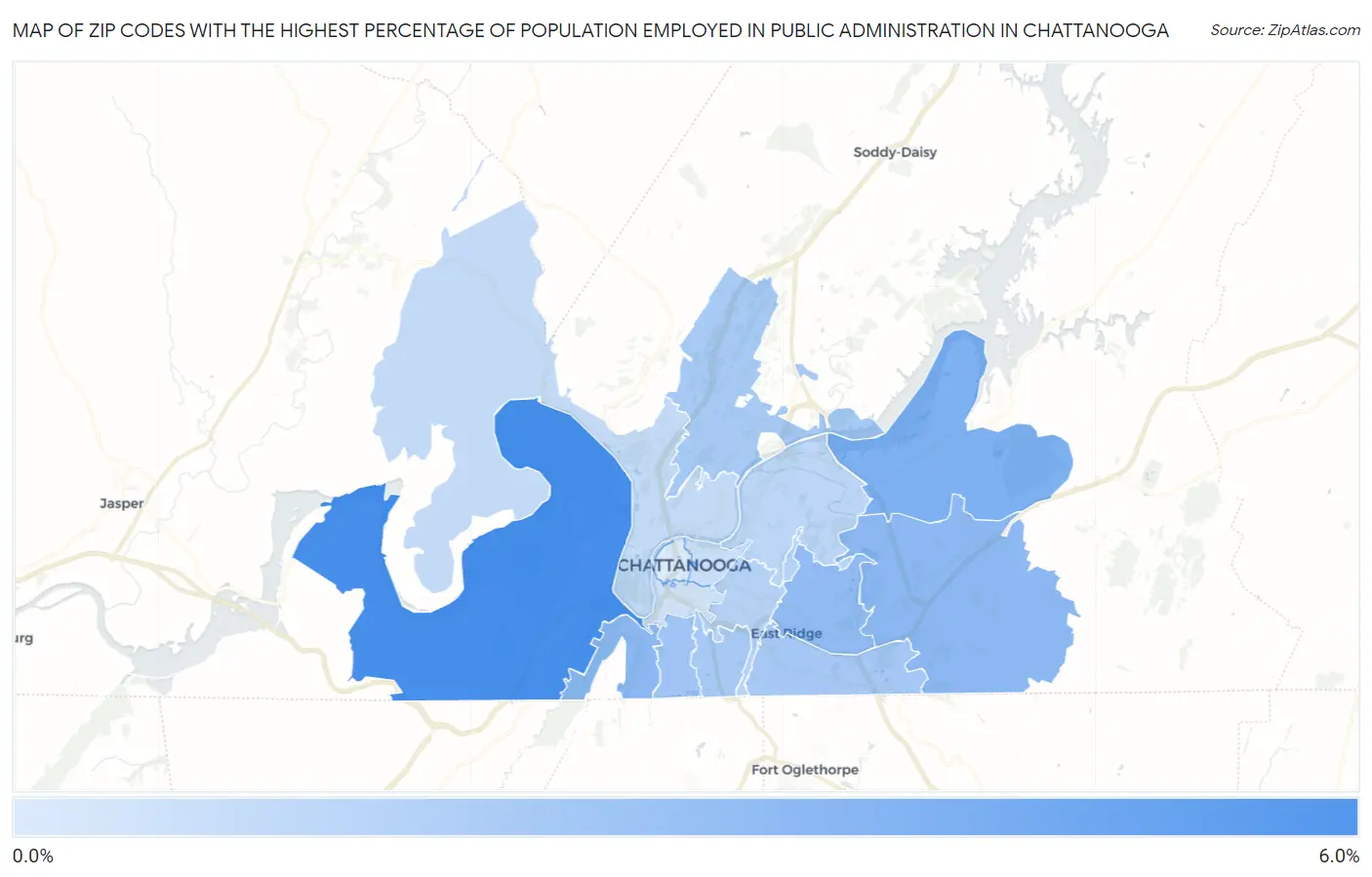 Zip Codes with the Highest Percentage of Population Employed in Public Administration in Chattanooga Map