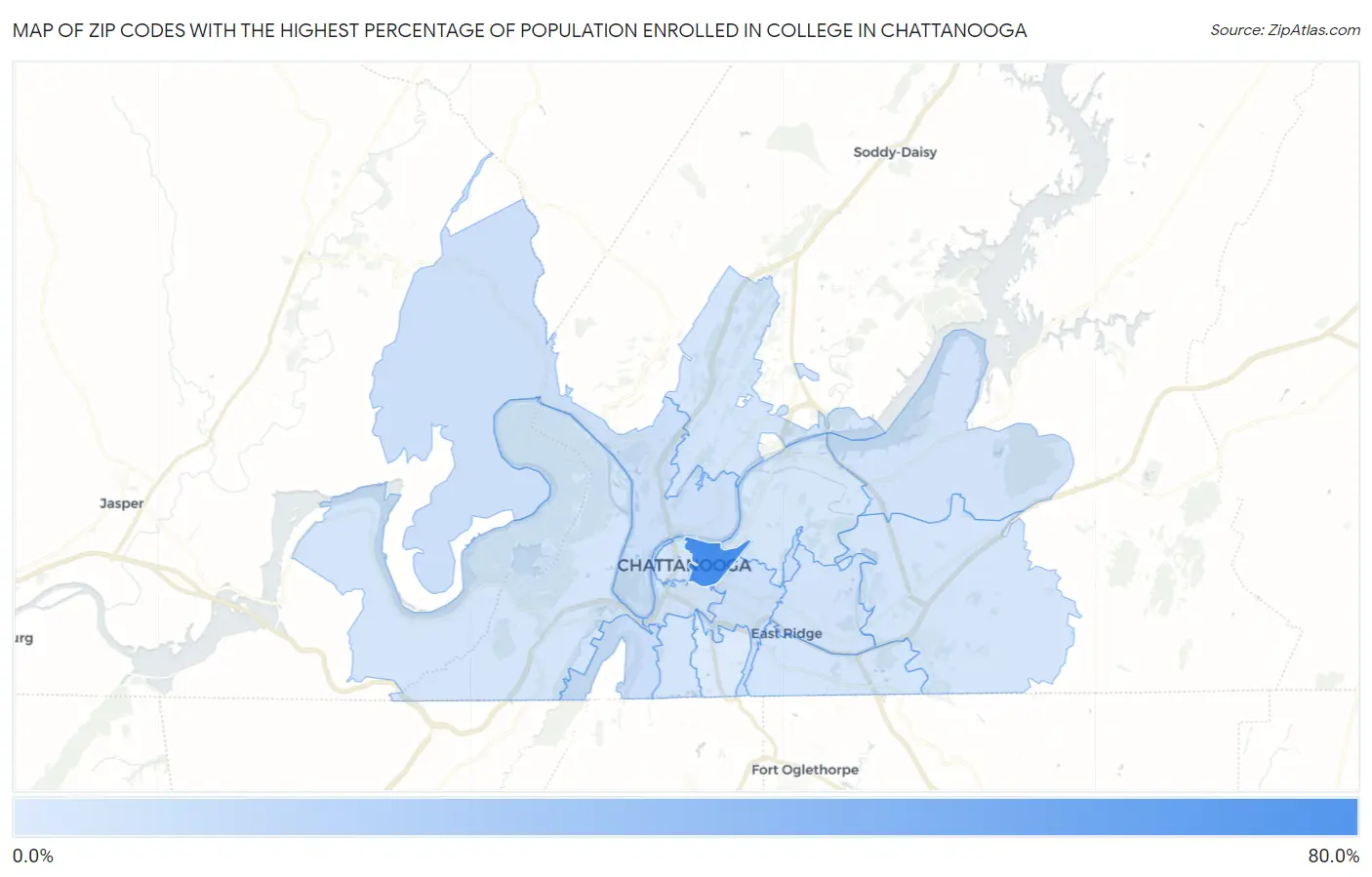 Zip Codes with the Highest Percentage of Population Enrolled in College in Chattanooga Map