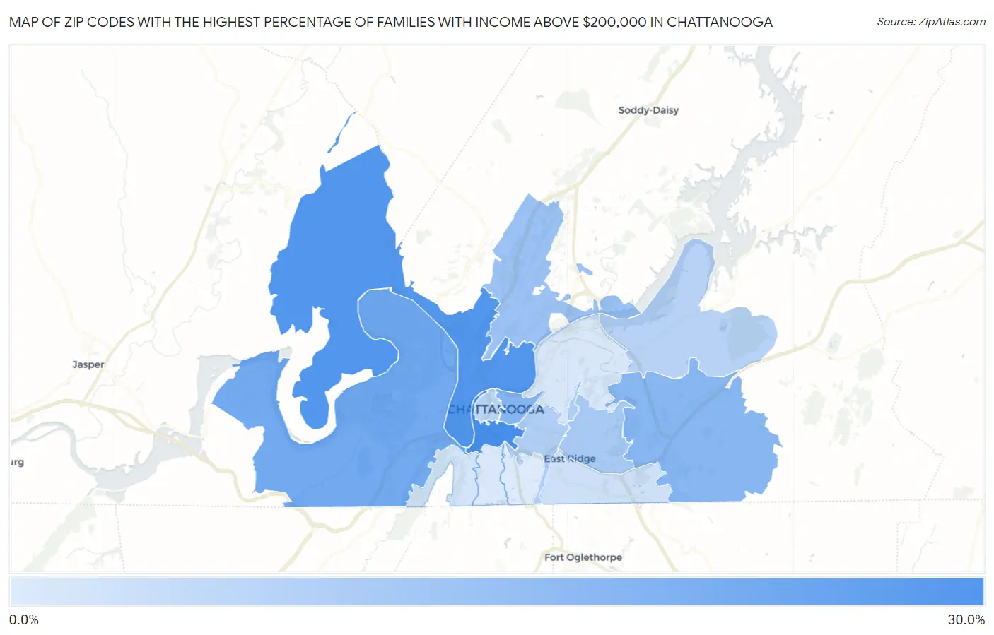 Zip Codes with the Highest Percentage of Families with Income Above $200,000 in Chattanooga Map
