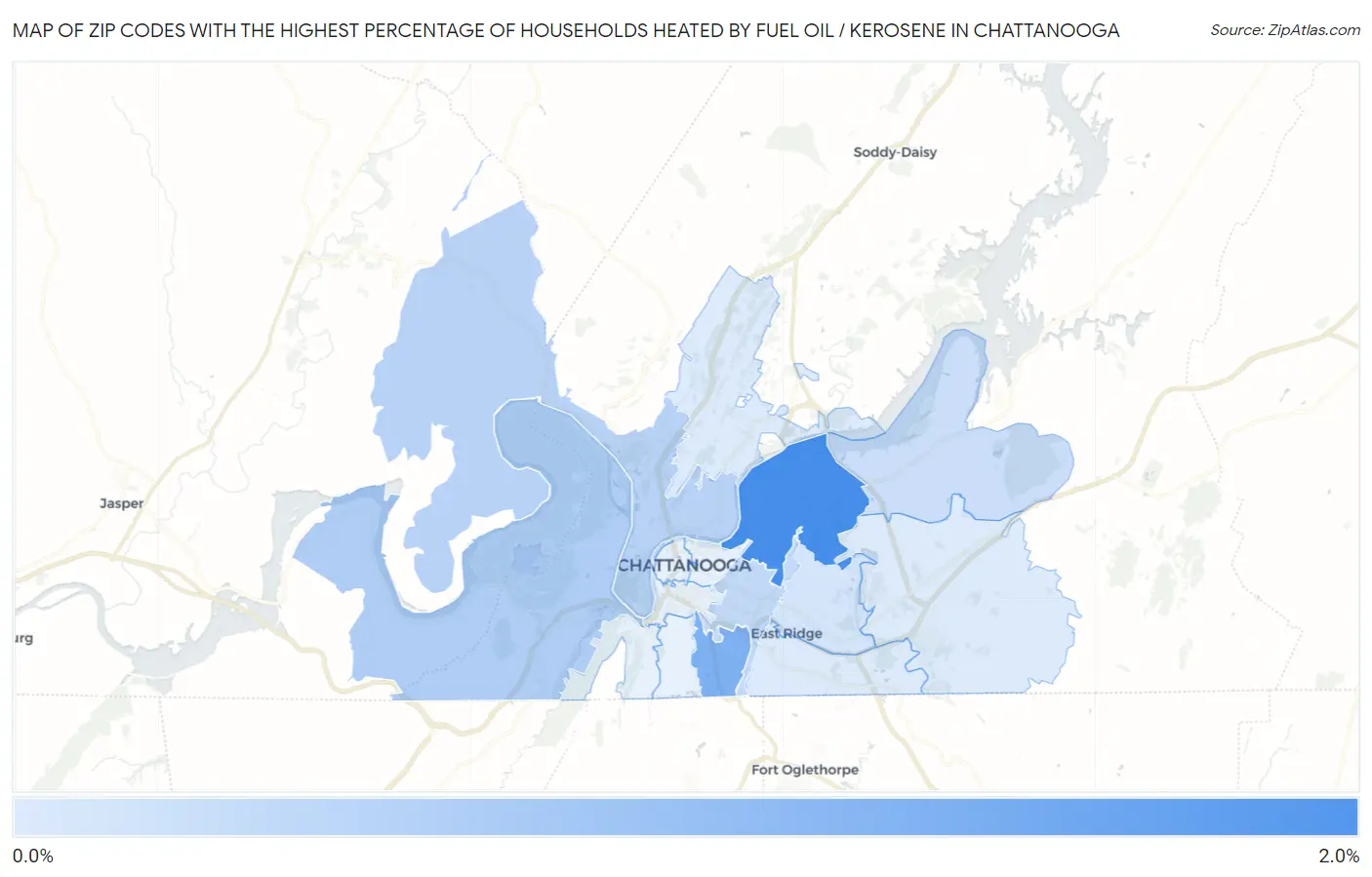 Zip Codes with the Highest Percentage of Households Heated by Fuel Oil / Kerosene in Chattanooga Map