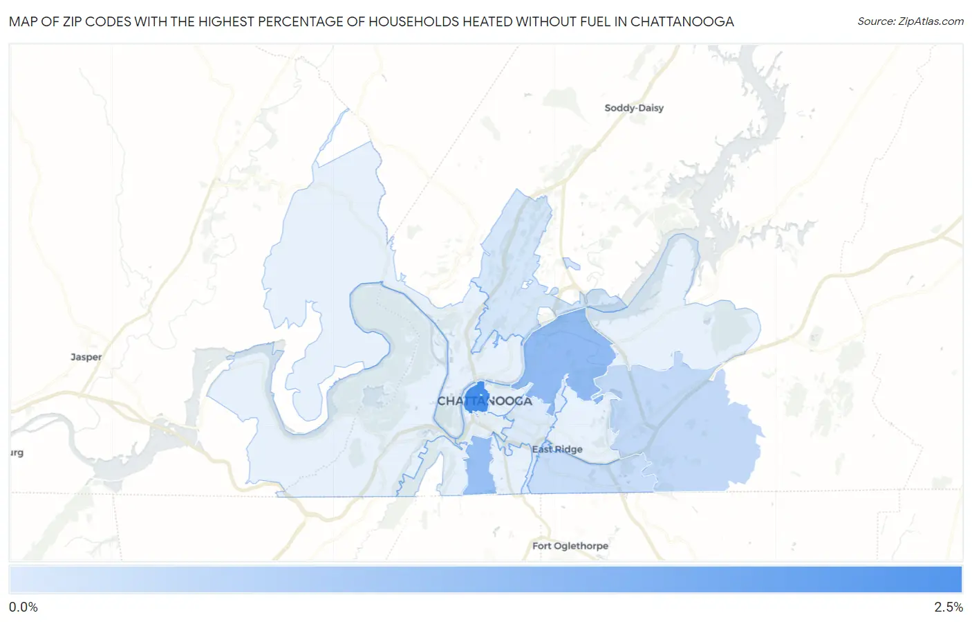 Zip Codes with the Highest Percentage of Households Heated without Fuel in Chattanooga Map