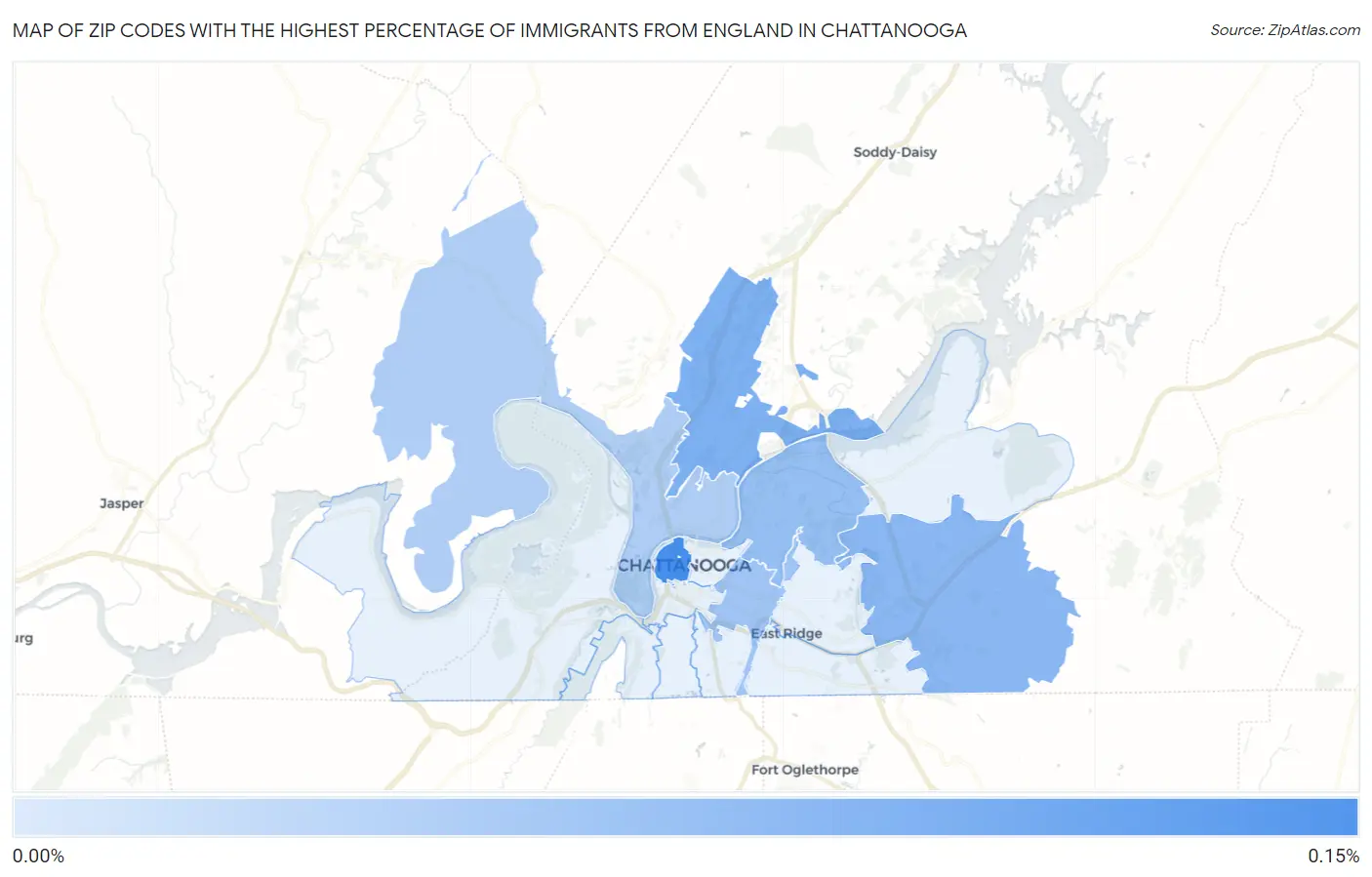 Zip Codes with the Highest Percentage of Immigrants from England in Chattanooga Map