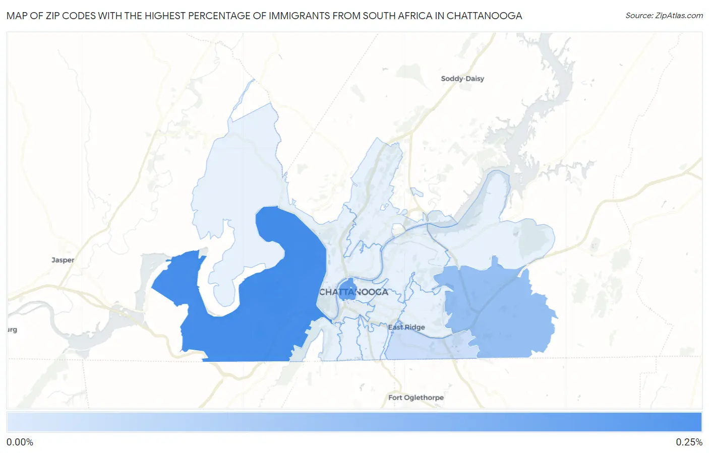 Zip Codes with the Highest Percentage of Immigrants from South Africa in Chattanooga Map