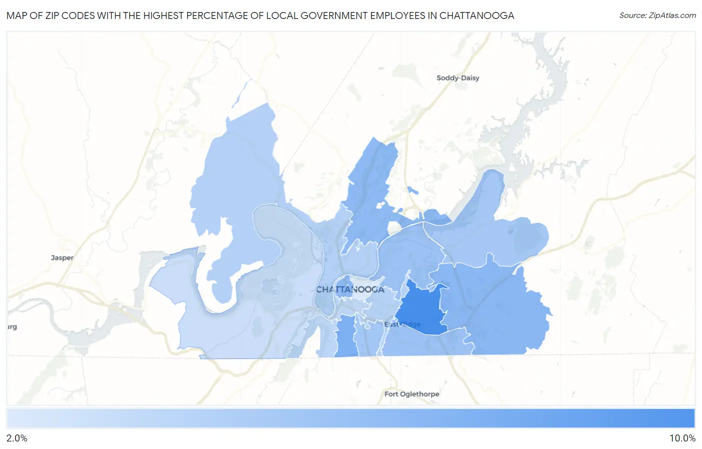 Zip Codes with the Highest Percentage of Local Government Employees in Chattanooga Map