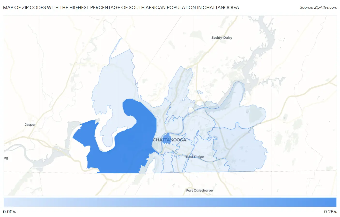 Zip Codes with the Highest Percentage of South African Population in Chattanooga Map