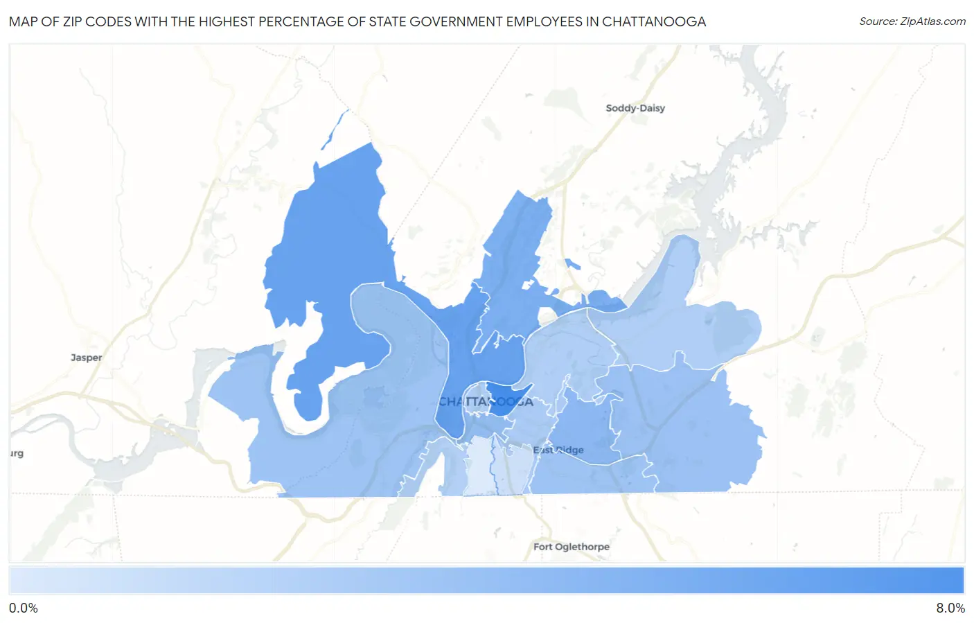 Zip Codes with the Highest Percentage of State Government Employees in Chattanooga Map