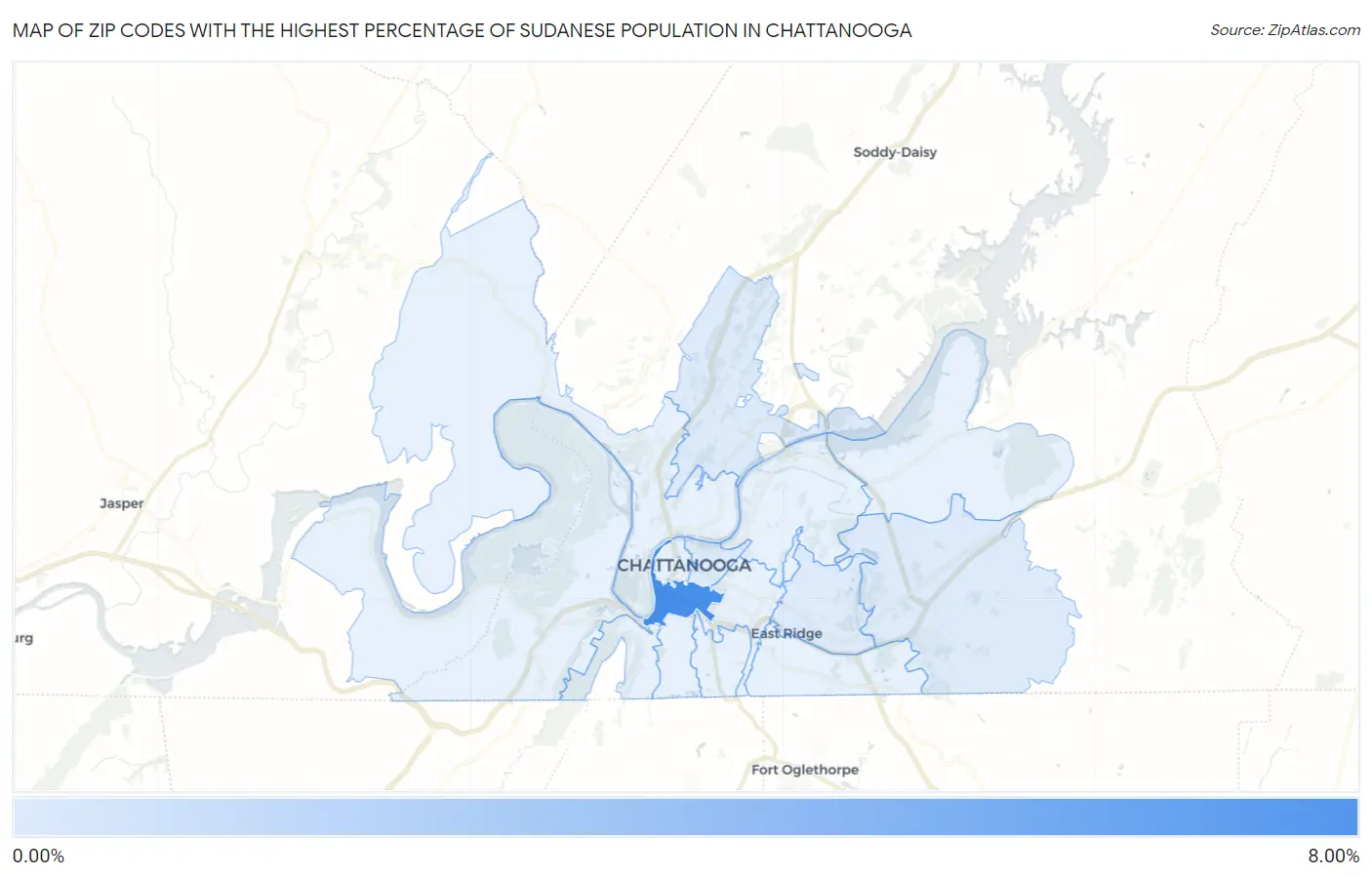 Zip Codes with the Highest Percentage of Sudanese Population in Chattanooga Map