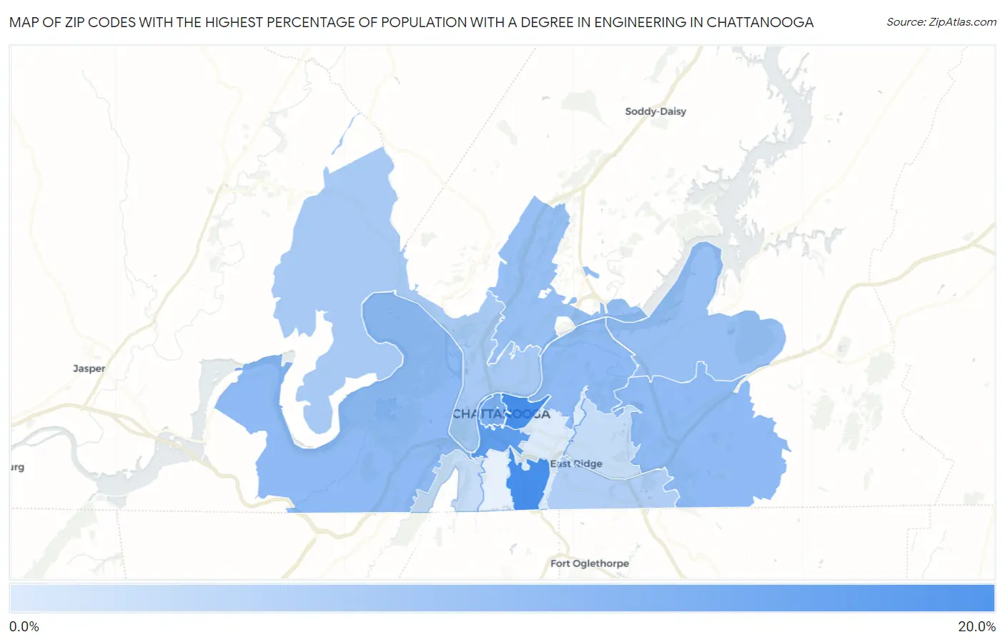 Zip Codes with the Highest Percentage of Population with a Degree in Engineering in Chattanooga Map