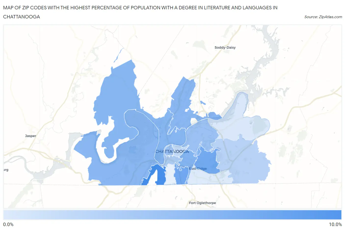 Zip Codes with the Highest Percentage of Population with a Degree in Literature and Languages in Chattanooga Map