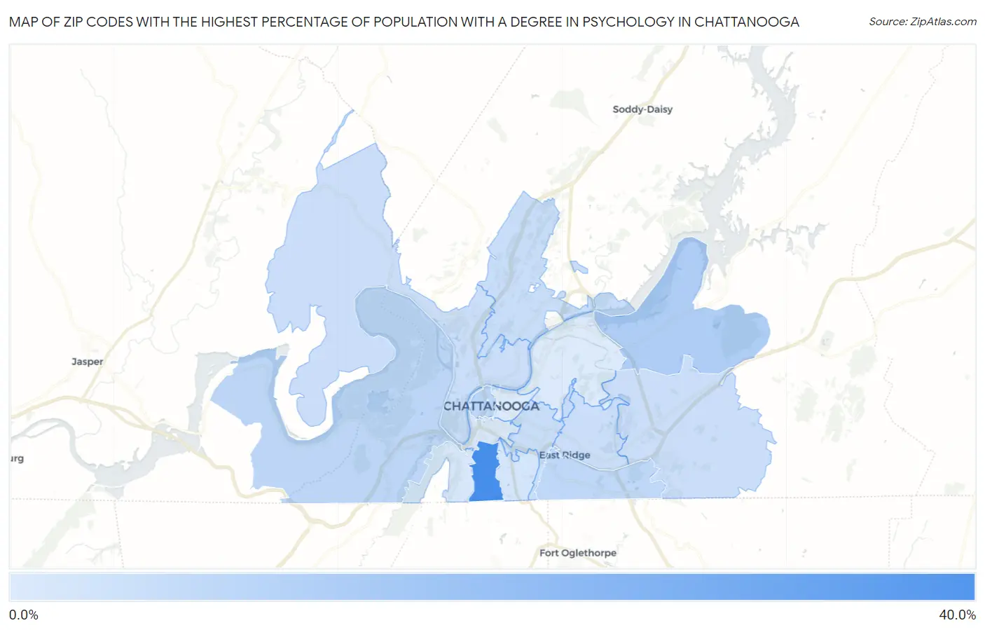 Zip Codes with the Highest Percentage of Population with a Degree in Psychology in Chattanooga Map
