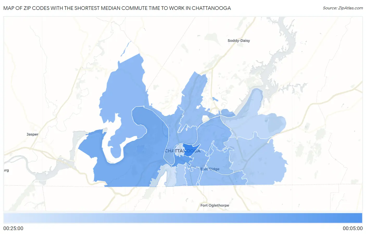 Zip Codes with the Shortest Median Commute Time to Work in Chattanooga Map